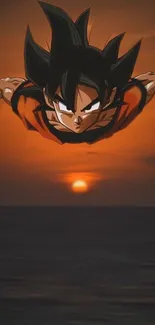 Anime hero flying over a sunset ocean.