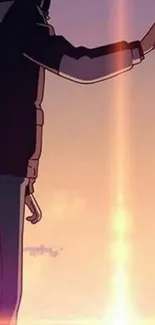 Animated character reaches towards a glowing orange sunset.