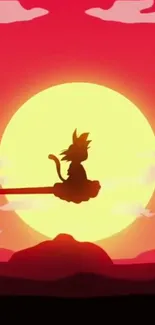 Anime silhouette with a vibrant red sunset background.