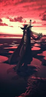 Anime warrior with sword at sunset on beach