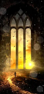 Gothic arches framing a stunning sunset pathway.