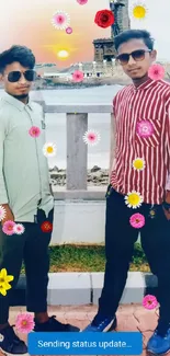 Two friends posing at sunset with historic monument.