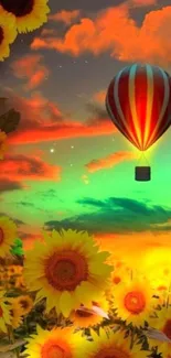 Hot air balloon over sunflowers at sunset.