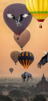 Hot air balloons at sunset with eagles and elephant.