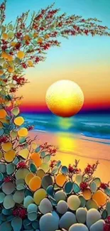 Artistic sunset beach wallpaper with ocean and vibrant foliage.