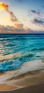 Beach sunset with vibrant blue ocean waves and a golden sky backdrop.