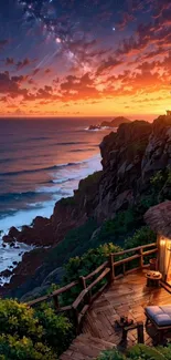 Cliffside retreat with a stunning ocean sunset view and cozy seating area.