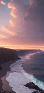 Sunset over cliffs and beach with ocean view.