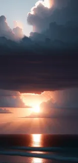 Dramatic sunset over ocean with dark clouds and vibrant colors.