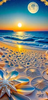 Fantasy beach with sunset and seashells creates a mesmerizing mobile wallpaper.