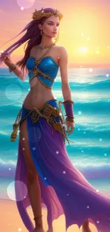 Fantasy figure on a beach with a vibrant sunset backdrop.