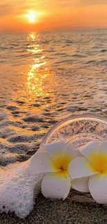 Peaceful sunset over beach with flowers, ocean waves, and warm tones.