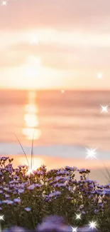 Tranquil beach sunset with flowers in foreground.