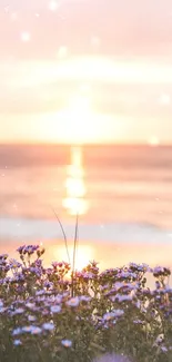 Beach sunset with flowers, soft pink hues, and calm waves.