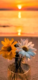 Daisies in a jar on a sandy beach with a sunset background.