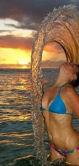 Woman performs a hair flip at sunset on the beach.