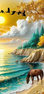 Horse by the sunset beach with vibrant trees and ocean.