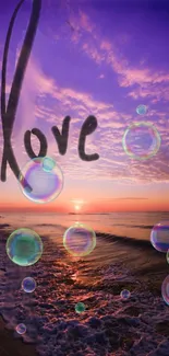 Sunset beach wallpaper with Love and bubbles.