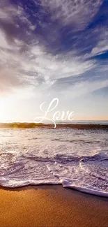 Sunset beach wallpaper with ocean waves and the word 'Love'.