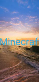 Stunning Minecraft text over a sunset beach scene with ocean waves.