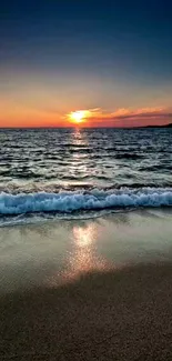 Tranquil beach sunset with calming waves and soft evening glow.