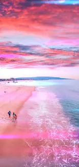 Beautiful sunset beach with pink clouds and ocean waves on mobile wallpaper.