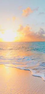 Serene beach sunset with golden sands and a calm ocean under a vibrant sky.