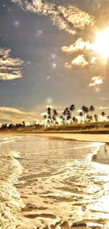 Sunset over a tropical beach with palm trees and golden waves.