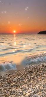 Sunset beach wallpaper with peaceful waves and a glowing horizon.