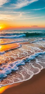 Vibrant sunset over a beach with ocean waves and cloudy sky.