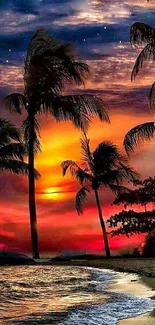 Tropical beach sunset with palm silhouettes on vibrant sky.