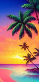 Vibrant sunset beach with palm trees and ocean waves wallpaper.