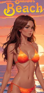 Illustrated woman in orange bikini at sunset beach.