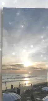 Beautiful sunset over the ocean with a beach view and twinkling stars in the sky.