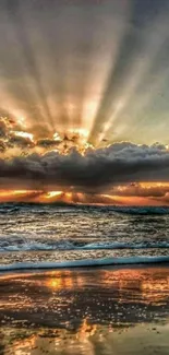 Sunset over beach with reflecting ocean and sky.