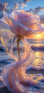 Lavender rose glowing on a beach at sunset with waves.