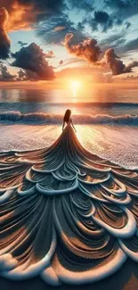 Elegant sunset beach scene with intricate sand art dress and vibrant sky.