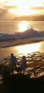 Couple enjoying a serene sunset on a picturesque beach, waves crashing gently.