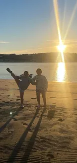 A serene sunset over a tranquil beach, casting golden reflections.