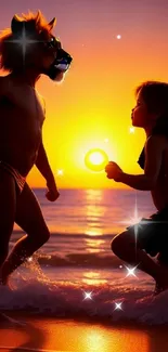 Silhouette of kids at sunset on the beach with vibrant orange hues.