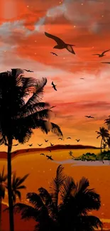 Mobile wallpaper with sunset beach silhouette, palm trees, and flying birds.