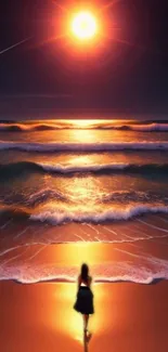 Sunset beach scene with silhouette and glowing waves.