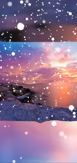 Snowflakes fall on a sunset beach in winter.