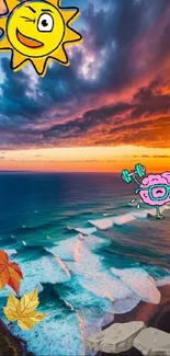 Cartoon-enhanced sunset beach wallpaper with playful elements and ocean view.