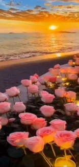 Beautiful sunset beach with pink roses and glowing orange sky.