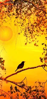 Bird silhouette on branch with vibrant orange sunset background.