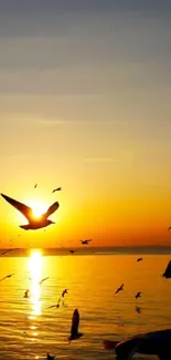 Silhouette of birds flying over the ocean at sunset with vivid orange hues.