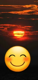 Glowing sunset over horizon with smiley emoji overlay.