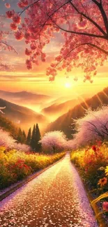 Scenic path with sunset and cherry blossoms