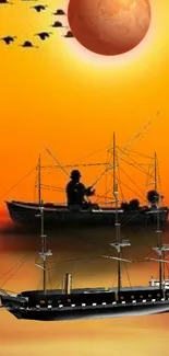 Silhouette of boats against sunset with orange sky and sea.